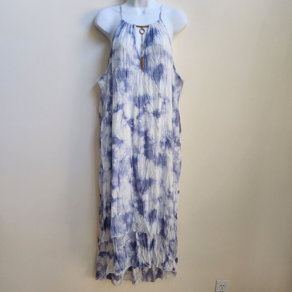 Mlle Gabrielle Dress Women's XL Blue White Tie Dye Layered Hem Boho Summer Dress